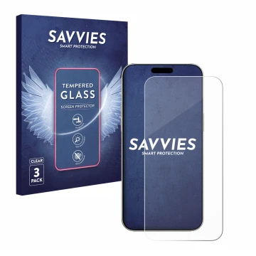 Face avant d’un emballage produit avec le logo de la marque Savvies. À côté, l’appareil Apple iPhone 16 est représenté avec la
