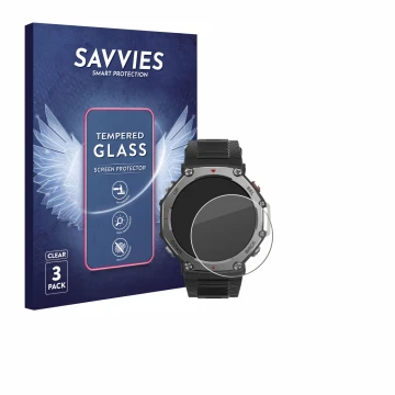 Face avant d’un emballage produit avec le logo de la marque Savvies. À côté, l’appareil Huami Amazfit T-Rex 3 est représenté a