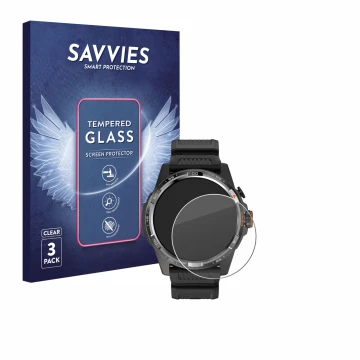 Face avant d’un emballage produit avec le logo de la marque Savvies. À côté, l’appareil Mobvoi Ticwatch Atlas est représenté a