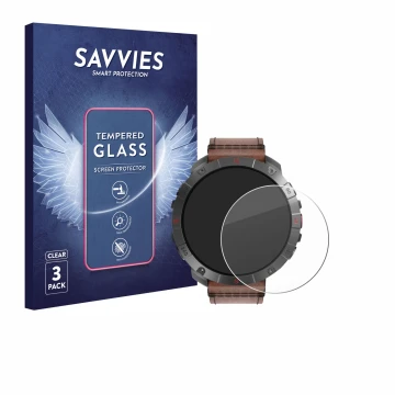 Face avant d’un emballage produit avec le logo de la marque Savvies. À côté, l’appareil Polar Grit X2 Pro Titan est représenté