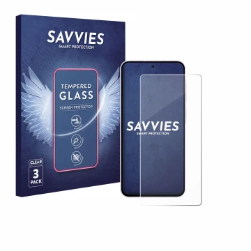 Face avant d’un emballage produit avec le logo de la marque Savvies. À côté, l’appareil Samsung Galaxy A56 5G est représenté a