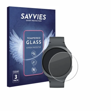 Face avant d’un emballage produit avec le logo de la marque Savvies. À côté, l’appareil Samsung Galaxy Watch 8 (40 mm) est rep
