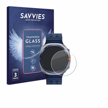 Face avant d’un emballage produit avec le logo de la marque Savvies. À côté, l’appareil Samsung Galaxy Watch Ultra 2 (47 mm) e