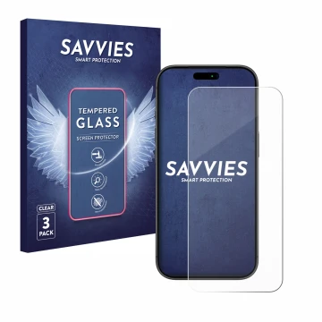 Face avant d’un emballage produit avec le logo de la marque Savvies. À côté, l’appareil Apple iPhone 17 Pro est représenté ave