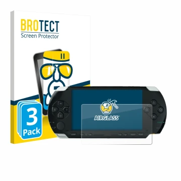 Face avant d’un emballage produit avec le logo de la marque BROTECT. À côté, l’appareil Sony PSP 1000 est représenté avec la p