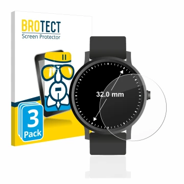 Face avant d’un emballage produit avec le logo de la marque BROTECT. À côté, l’appareil Montres (Circulaire, ø: 32 mm) est rep