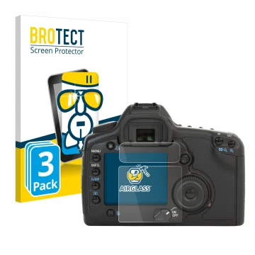 Face avant d’un emballage produit avec le logo de la marque BROTECT. À côté, l’appareil Canon EOS 5D est représenté avec la pr