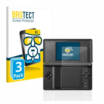 Face avant d’un emballage produit avec le logo de la marque BROTECT. À côté, l’appareil Nintendo DS LITE est représenté avec l