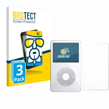 Face avant d’un emballage produit avec le logo de la marque BROTECT. À côté, l’appareil Apple iPod Classic Video (Avant+Arrièr