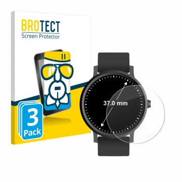 Face avant d’un emballage produit avec le logo de la marque BROTECT. À côté, l’appareil Montres (Circulaire, ø: 37 mm) est rep