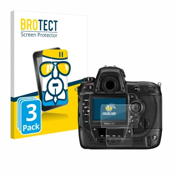 Face avant d’un emballage produit avec le logo de la marque BROTECT. À côté, l’appareil Nikon D3 est représenté avec la protec