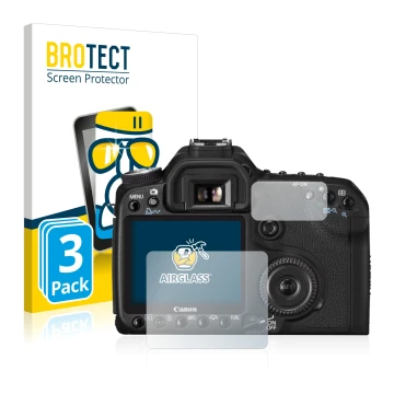 Face avant d’un emballage produit avec le logo de la marque BROTECT. À côté, l’appareil Canon EOS 50D est représenté avec la p