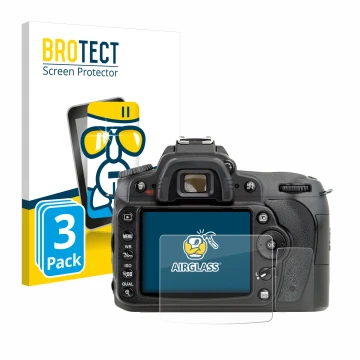 Face avant d’un emballage produit avec le logo de la marque BROTECT. À côté, l’appareil Nikon D90 est représenté avec la prote