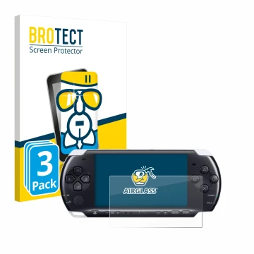 Face avant d’un emballage produit avec le logo de la marque BROTECT. À côté, l’appareil Sony PSP 3000 est représenté avec la p