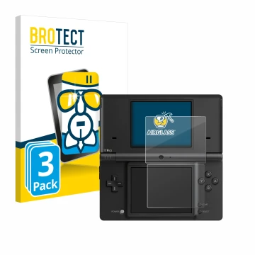 Face avant d’un emballage produit avec le logo de la marque BROTECT. À côté, l’appareil Nintendo DSi est représenté avec la pr