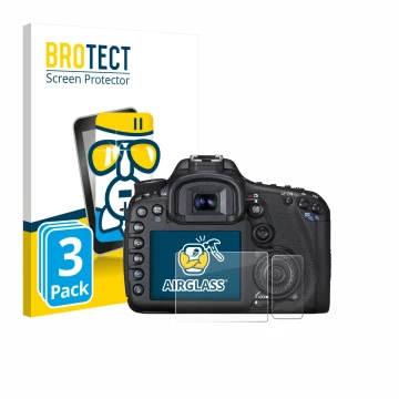 Face avant d’un emballage produit avec le logo de la marque BROTECT. À côté, l’appareil Canon EOS 7D est représenté avec la pr