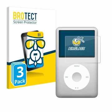 Face avant d’un emballage produit avec le logo de la marque BROTECT. À côté, l’appareil Apple iPod classic 160 GB (7ème Gen.) 