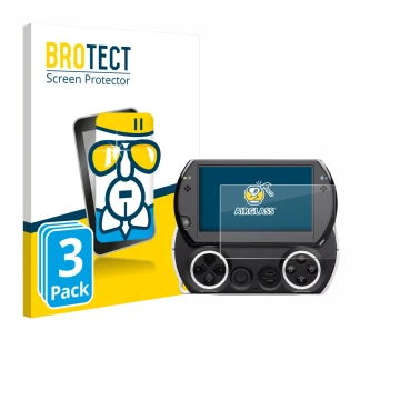 Face avant d’un emballage produit avec le logo de la marque BROTECT. À côté, l’appareil Sony PSP Go est représenté avec la pro
