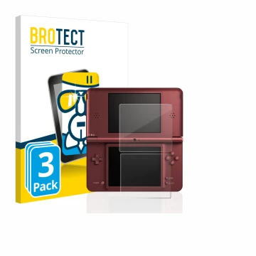 Face avant d’un emballage produit avec le logo de la marque BROTECT. À côté, l’appareil Nintendo DSi XL est représenté avec la