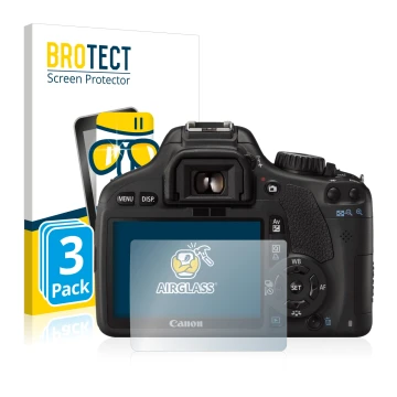 Face avant d’un emballage produit avec le logo de la marque BROTECT. À côté, l’appareil Canon EOS 550D est représenté avec la 