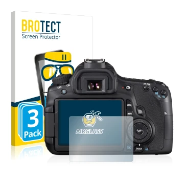 Face avant d’un emballage produit avec le logo de la marque BROTECT. À côté, l’appareil Canon EOS 60D est représenté avec la p