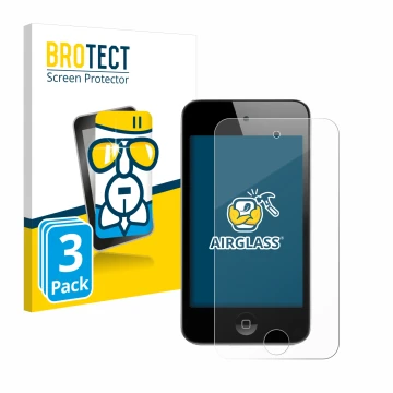 Face avant d’un emballage produit avec le logo de la marque BROTECT. À côté, l’appareil Apple iPod Touch (4ème Gen.) est repré