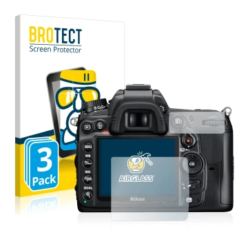 Face avant d’un emballage produit avec le logo de la marque BROTECT. À côté, l’appareil Nikon D7000 est représenté avec la pro