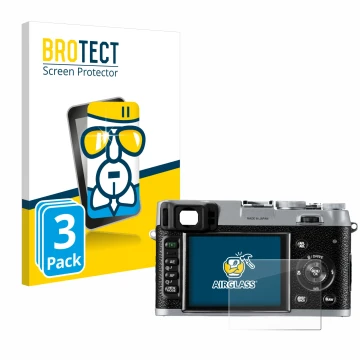 Face avant d’un emballage produit avec le logo de la marque BROTECT. À côté, l’appareil Fujifilm FinePix X100 est représenté a