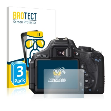 Face avant d’un emballage produit avec le logo de la marque BROTECT. À côté, l’appareil Canon EOS 600D est représenté avec la 