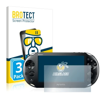 Face avant d’un emballage produit avec le logo de la marque BROTECT. À côté, l’appareil Sony Playstation Vita est représenté a