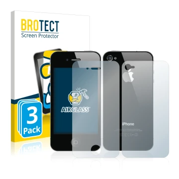 Face avant d’un emballage produit avec le logo de la marque BROTECT. À côté, l’appareil Apple iPhone 4S (Avant+Arrière) est re