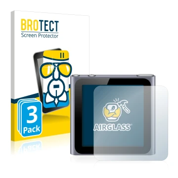 Face avant d’un emballage produit avec le logo de la marque BROTECT. À côté, l’appareil Apple iPod nano 2011 (6ème Gen.) est r