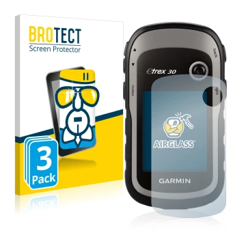 Face avant d’un emballage produit avec le logo de la marque BROTECT. À côté, l’appareil Garmin eTrex 30 est représenté avec la
