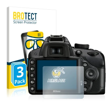 Face avant d’un emballage produit avec le logo de la marque BROTECT. À côté, l’appareil Nikon D3200 est représenté avec la pro