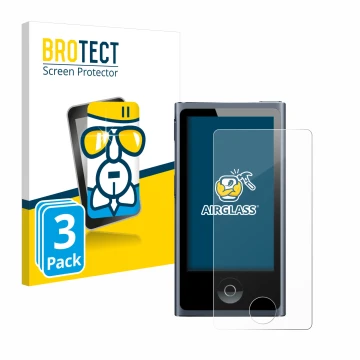 Face avant d’un emballage produit avec le logo de la marque BROTECT. À côté, l’appareil Apple iPod nano 2012 (7ème Gen.) est r