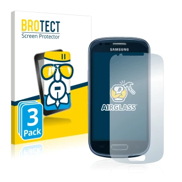 Face avant d’un emballage produit avec le logo de la marque BROTECT. À côté, l’appareil Samsung Galaxy S3 Mini I8190 est repré