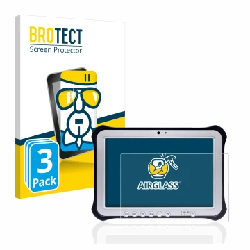 Face avant d’un emballage produit avec le logo de la marque BROTECT. À côté, l’appareil Panasonic Toughpad FZ-G1 est représent