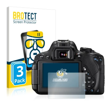 Face avant d’un emballage produit avec le logo de la marque BROTECT. À côté, l’appareil Canon EOS 700D est représenté avec la 