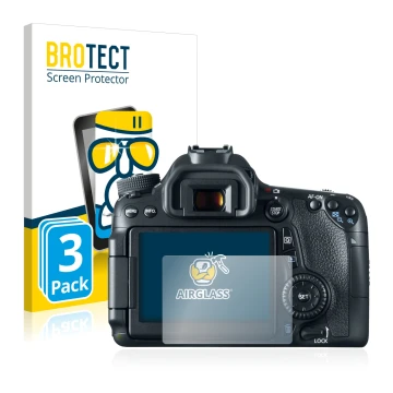 Face avant d’un emballage produit avec le logo de la marque BROTECT. À côté, l’appareil Canon EOS 70D est représenté avec la p