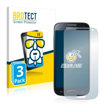 Face avant d’un emballage produit avec le logo de la marque BROTECT. À côté, l’appareil Samsung Galaxy S4 Mini LTE (4G) I9195 