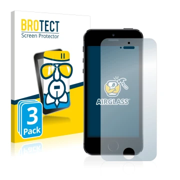 Face avant d’un emballage produit avec le logo de la marque BROTECT. À côté, l’appareil Apple iPhone 5S est représenté avec la