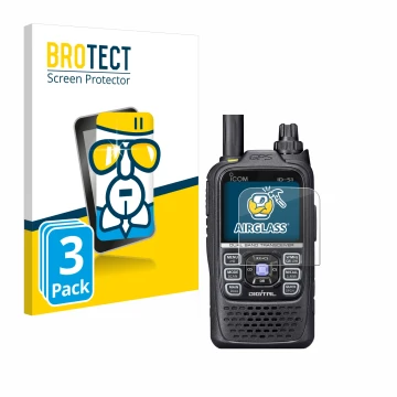 Face avant d’un emballage produit avec le logo de la marque BROTECT. À côté, l’appareil Icom ID-51 est représenté avec la prot