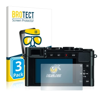 Face avant d’un emballage produit avec le logo de la marque BROTECT. À côté, l’appareil Leica D-Lux (Typ 109) est représenté a