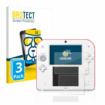 Face avant d’un emballage produit avec le logo de la marque BROTECT. À côté, l’appareil Nintendo 2DS est représenté avec la pr