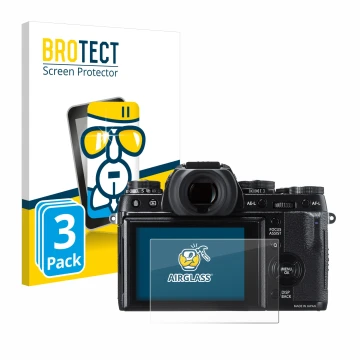 Face avant d’un emballage produit avec le logo de la marque BROTECT. À côté, l’appareil Fujifilm X-T1 est représenté avec la p