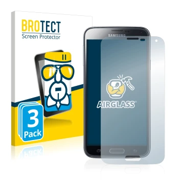 Face avant d’un emballage produit avec le logo de la marque BROTECT. À côté, l’appareil Samsung Galaxy S5 est représenté avec 