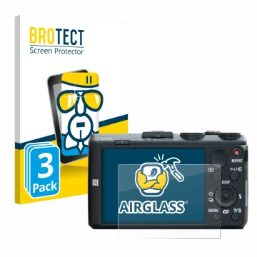 Face avant d’un emballage produit avec le logo de la marque BROTECT. À côté, l’appareil Sony Cyber-Shot DSC-HX60 est représent