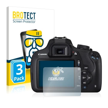 Face avant d’un emballage produit avec le logo de la marque BROTECT. À côté, l’appareil Canon EOS 1200D est représenté avec la