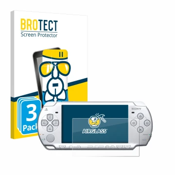 Face avant d’un emballage produit avec le logo de la marque BROTECT. À côté, l’appareil Sony PSP 2004 est représenté avec la p