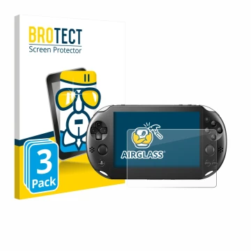 Face avant d’un emballage produit avec le logo de la marque BROTECT. À côté, l’appareil Sony Playstation PS Vita Slim est repr